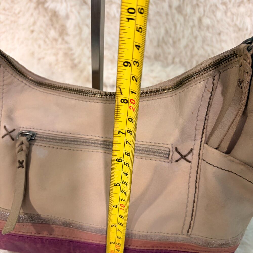 The Sak Leather Shoulder Bag Beige Purple Suede Bottom Stripe Hobo Purse Vintage - Picture 13 of 14